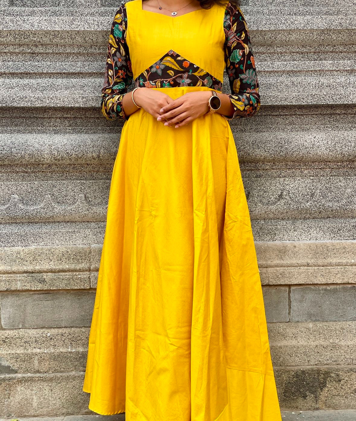 Yellow raw silk gown with black silk kalamkari patch -1161