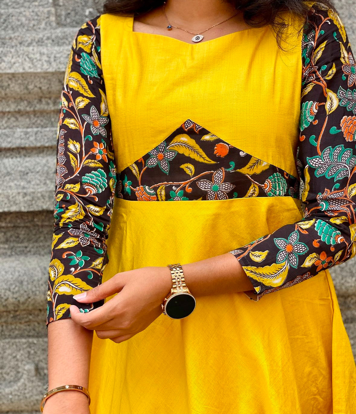 Yellow raw silk gown with black silk kalamkari patch -1161