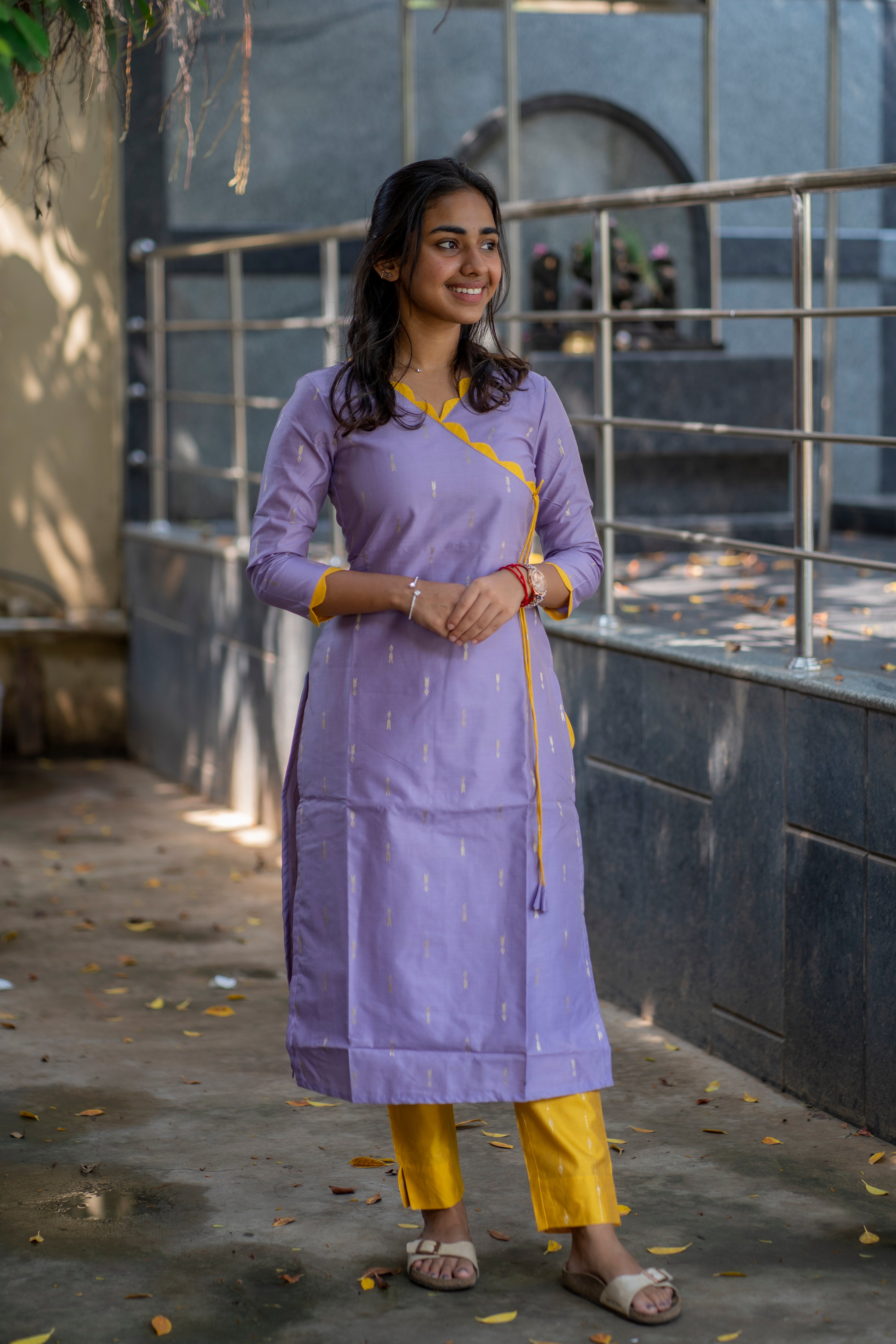 Lilac and yellow tussar silk kurta set - 1362