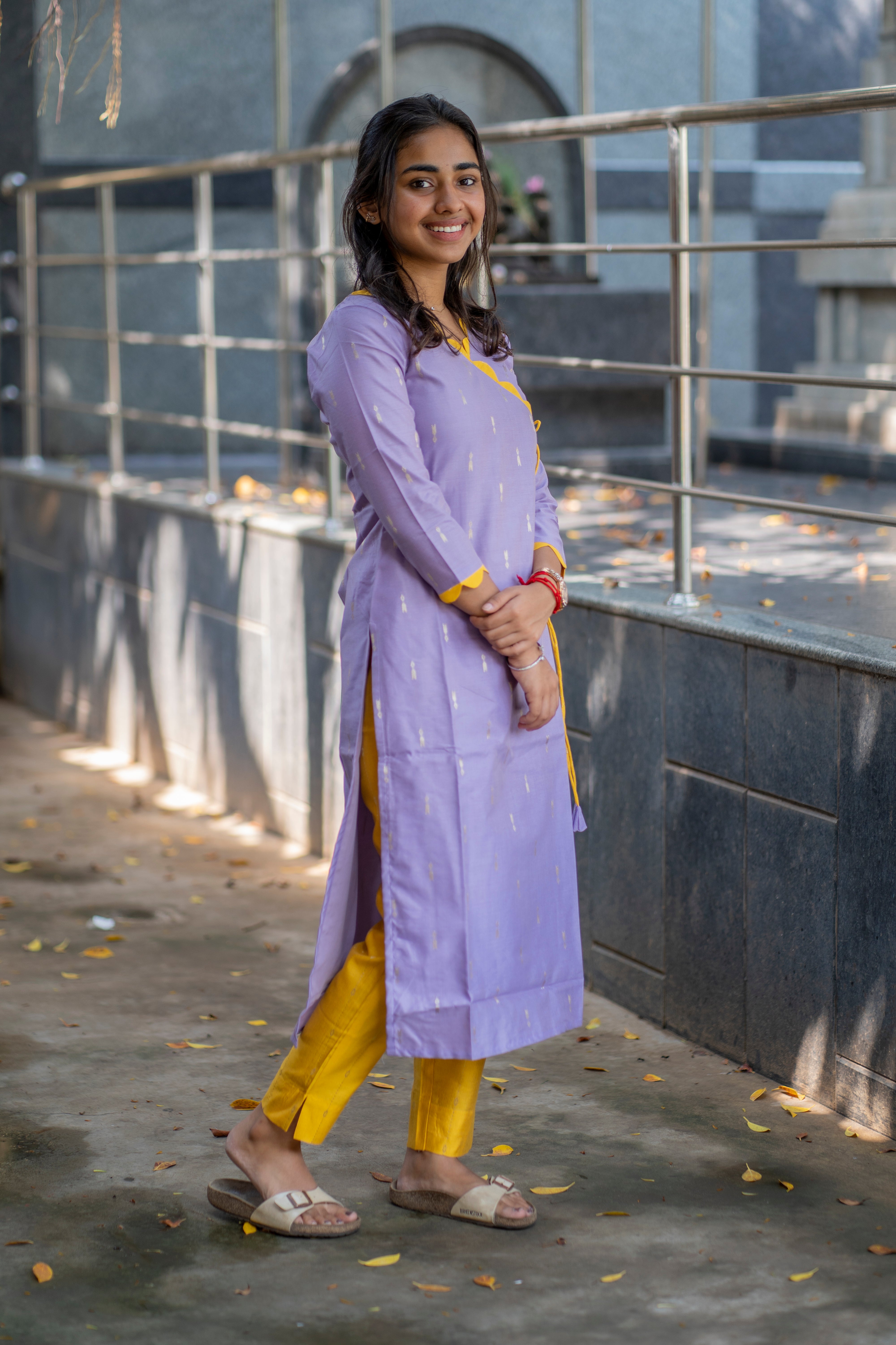 Lilac and yellow tussar silk kurta set - 1362