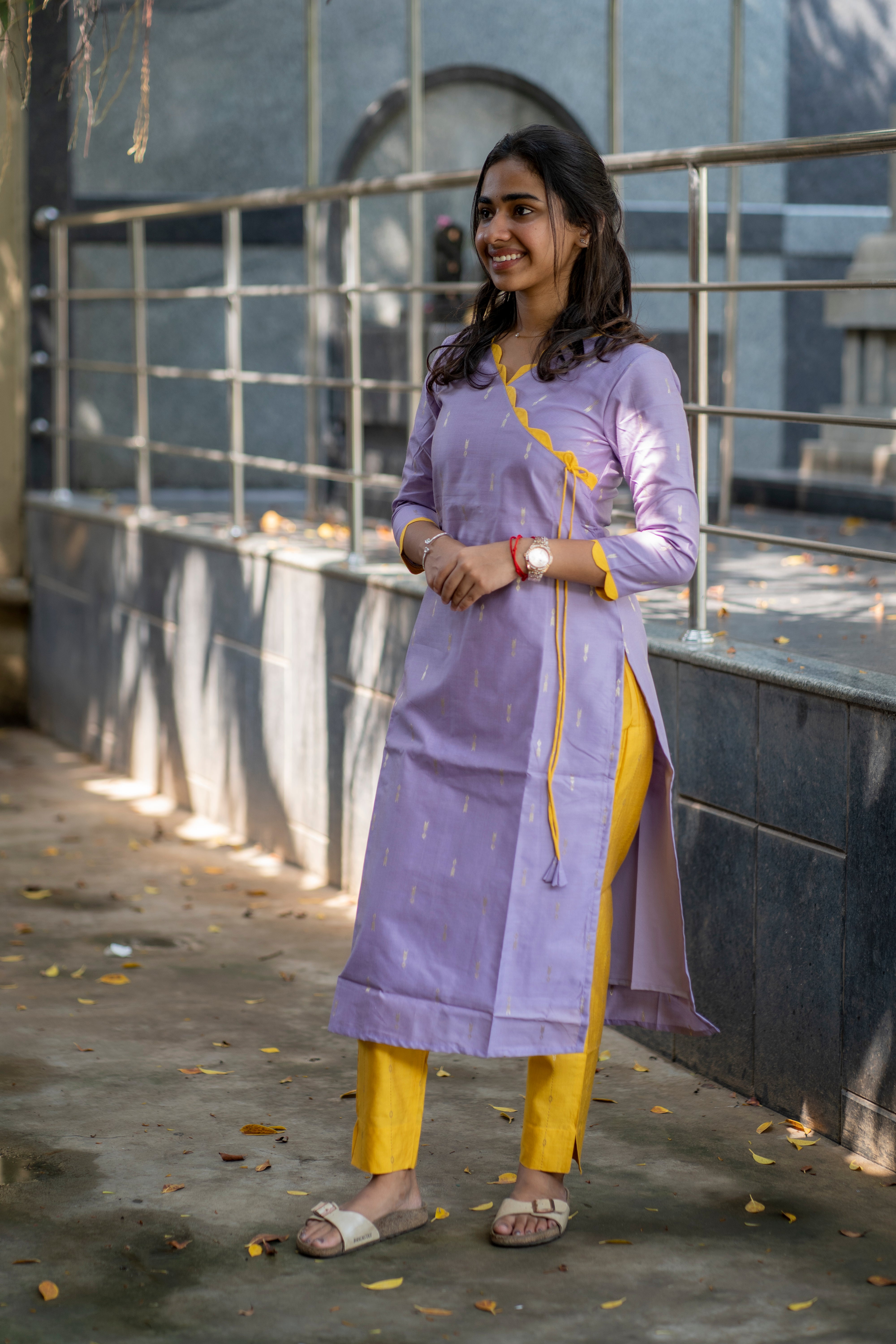 Lilac and yellow tussar silk kurta set - 1362