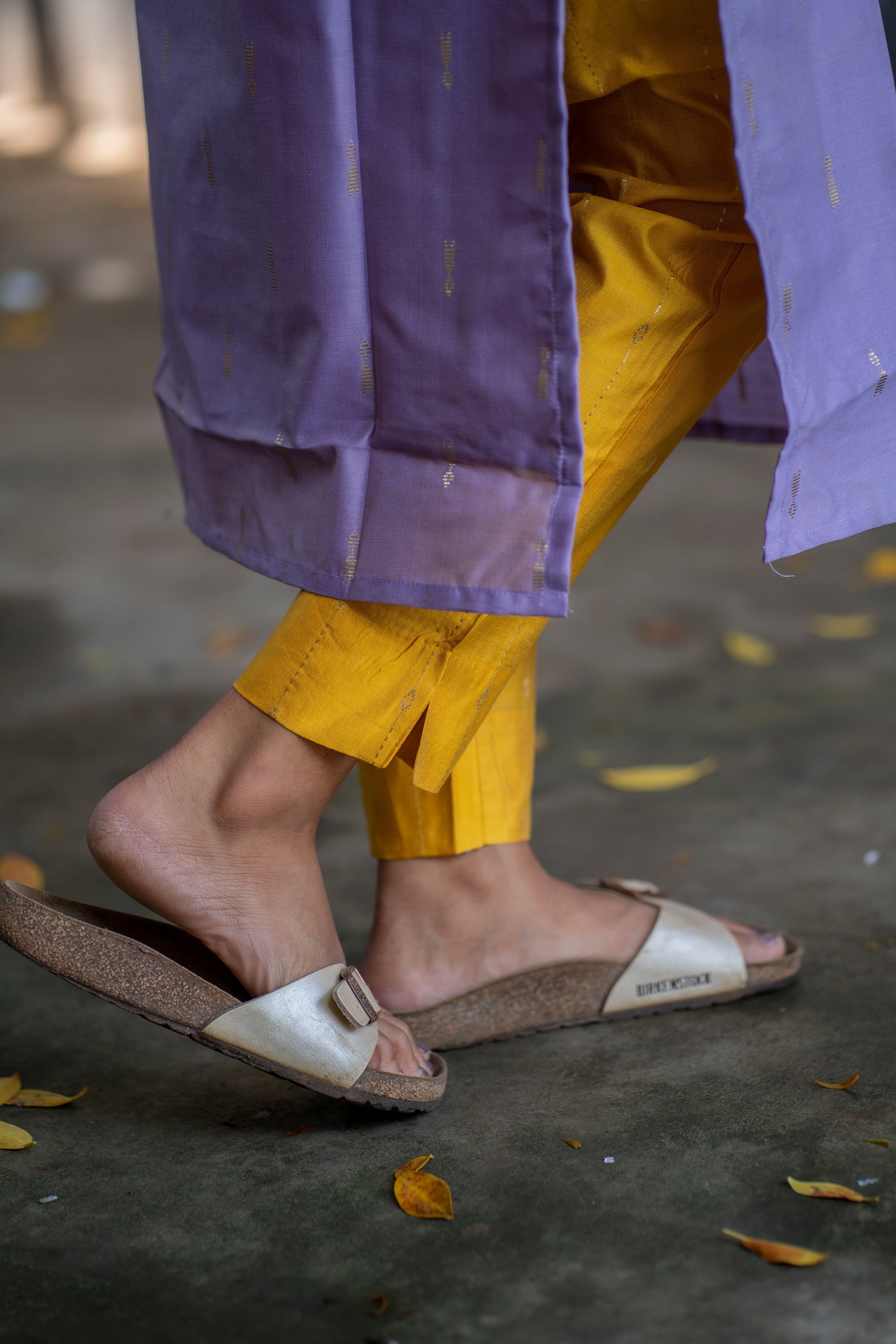 Lilac and yellow tussar silk kurta set - 1362