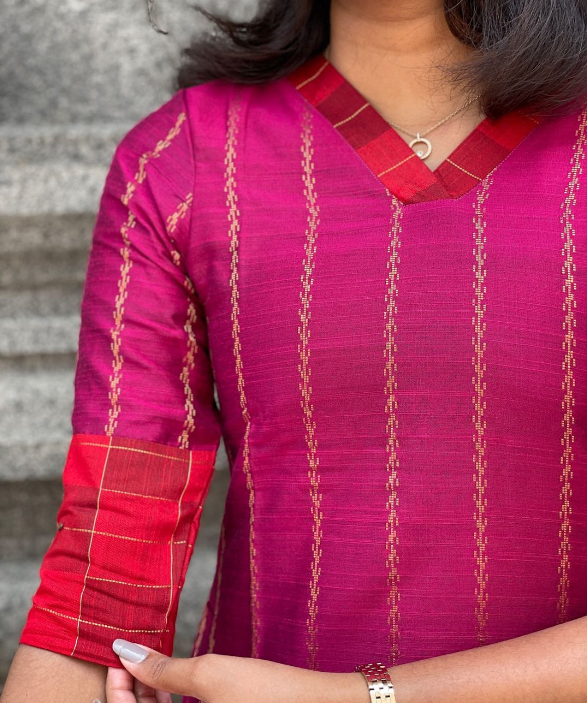 Pink with red raw silk kurti -1167