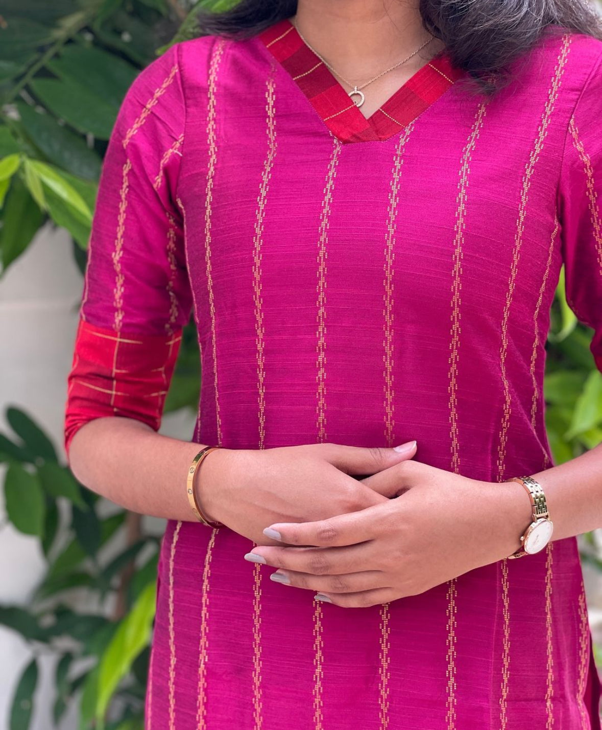 Pink with red raw silk kurti -1167