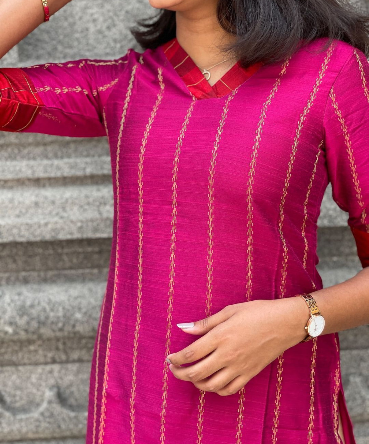 Pink with red raw silk kurti -1167