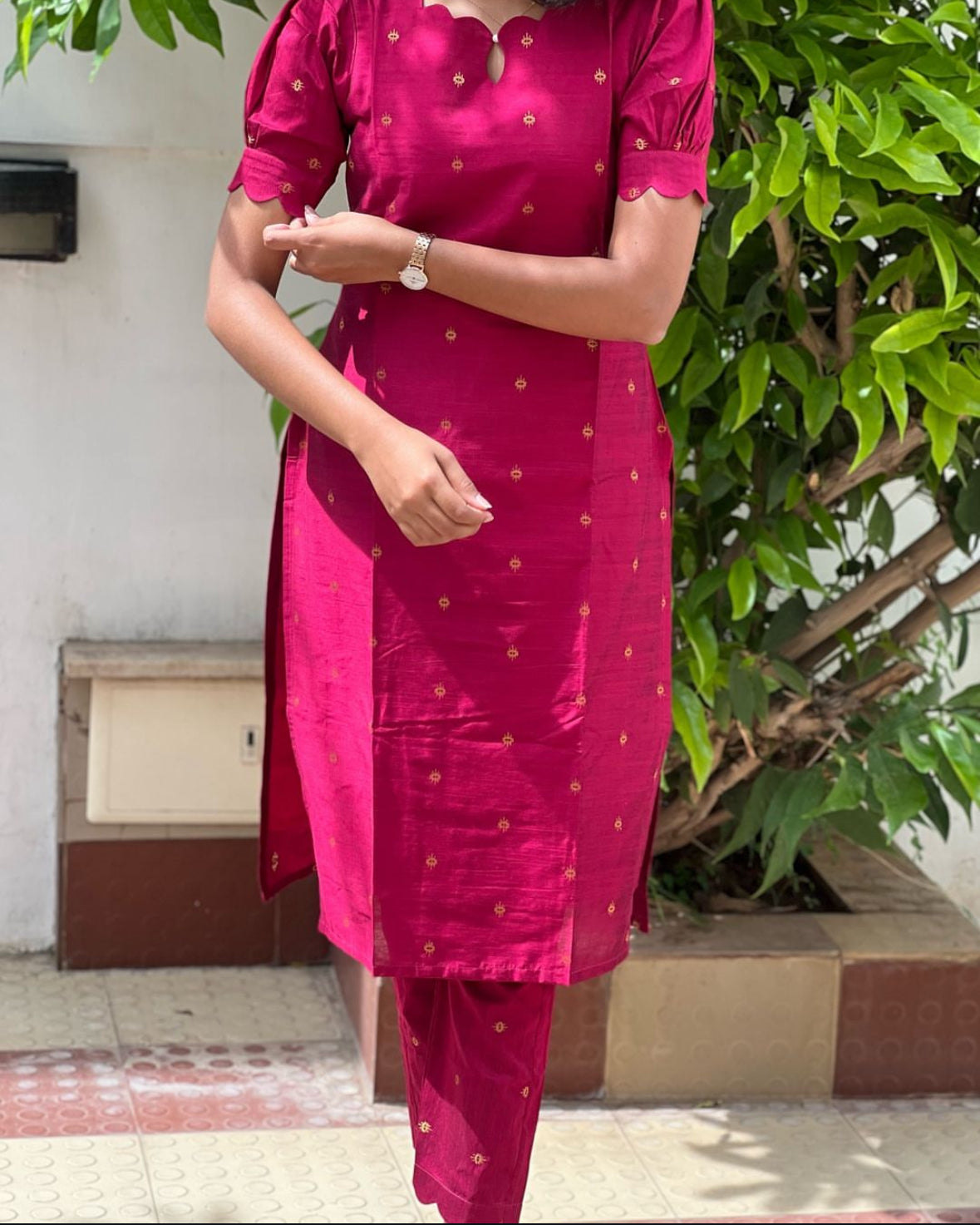 Rani pink raw silk kurta set-1201